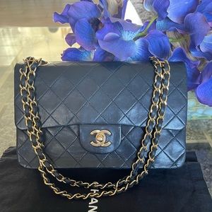 Chanel vintage double flap navy dark color gold hardware used good condition